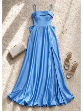 B Darlin Blue Chambray Satin Square Neck Sleeveless Bow Back Dress 4 NWT